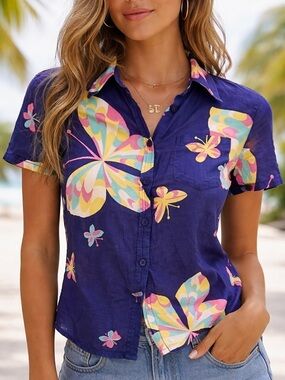 Hudson Jeans Navy Butterfly Button-Down Shirt with Multicolor Print